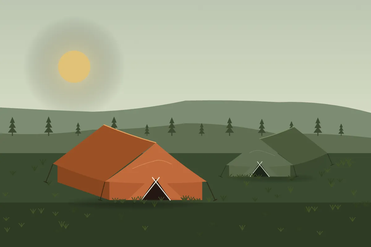 Illustration from the app of two tents on a green hillside under a low sun.